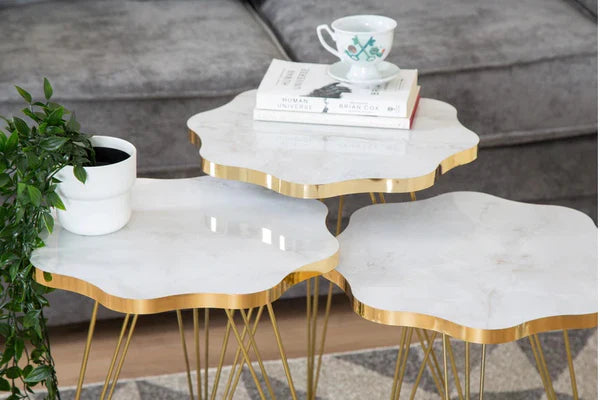 Daisy Set Of 3 Side Tables - White Marble & Gold