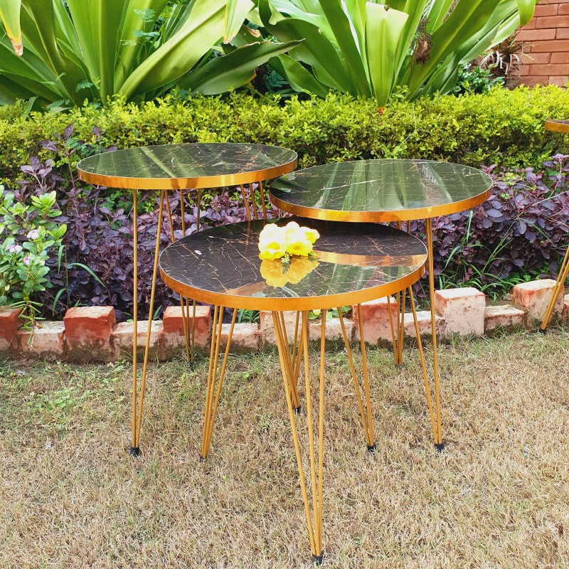 Set of 3 Round Marble Style Table with Golden Border